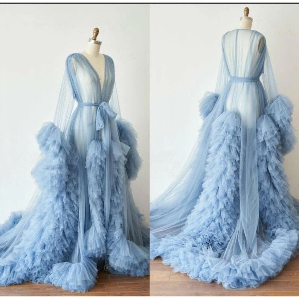 Luxurious Blue Ruffle Tulle Maternity Robe With Train - Picture 4 of 7